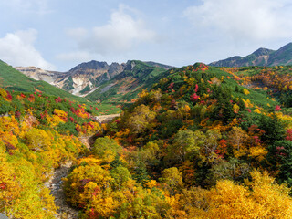 Autumn Colors on Tokachidake Volcano Seen from Ryounkaku Hot Spring, Kamifurano, Hokkaido