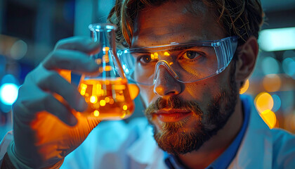 Intense scientist in safety glasses examines vibrant chemical solution, seeking groundbreaking discoveries for modern medical advancements