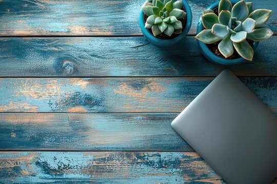 A stylish workspace featuring a closed laptop and two potted succulents on a distressed blue wooden background, conveying a rustic, natural aesthetic.