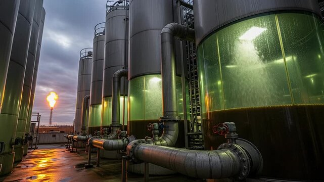 Bubbles rise in fermentation tanks of organic waste anaerobic digester plant at sunset with a flickering methane flare