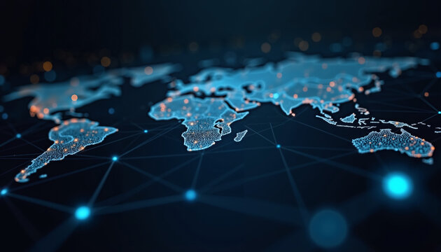 World map with glowing connections and digital network aesthetic  