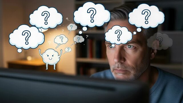 Thought bubbles and question marks evolve in an idea cloud while a man reflects at his desk in a quiet room