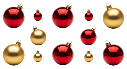Collection of red and gold christmas ornaments isolated on transparent background