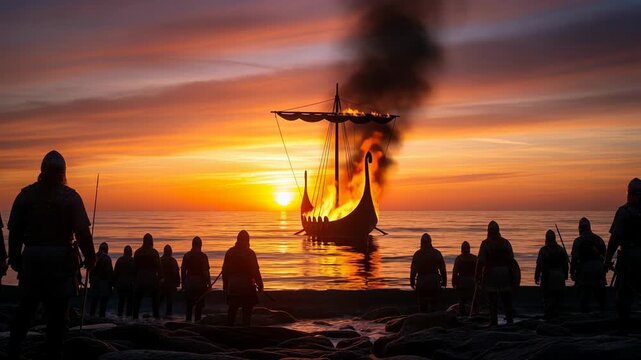 Viking burial at sea with flames rising as longship drifts into the sunset