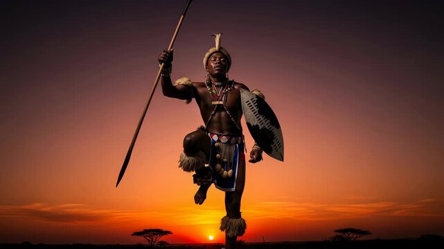 Zulu warrior showcases powerful ceremonial dance at sunset with shield and spear