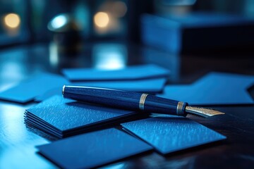 Luxurious dark blue fountain pen with a golden nib on textured blue cards, creating a professional and refined writing ambiance.