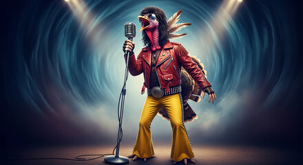 Image shows a turkey in rockstar attire holding a microphone on stage, symbolizing entertainment and performance, ideal for music or humor concept