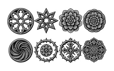 Intricate mandala designs: ornamental black and white patterns in circular shape