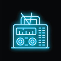 Bright blue neon icon of a vintage boombox radio playing music with an antenna