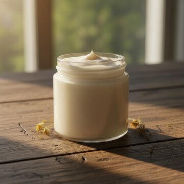Artisan beef tallow body butter. A minimalist product shot of a jar of natural skin salve on a wooden surface. Sustainable, non-toxic skincare.