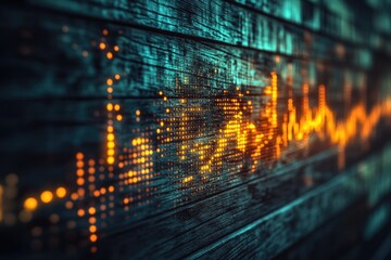 Vibrant orange digital data waveform on a dark, rustic wooden surface, illustrating abstract technology and data visualization.