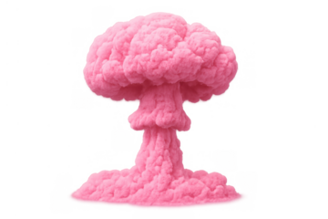 Pink mushroom cloud forming from an explosion, smoke and dust rising dramatically, conveying themes of war, disaster, and impact