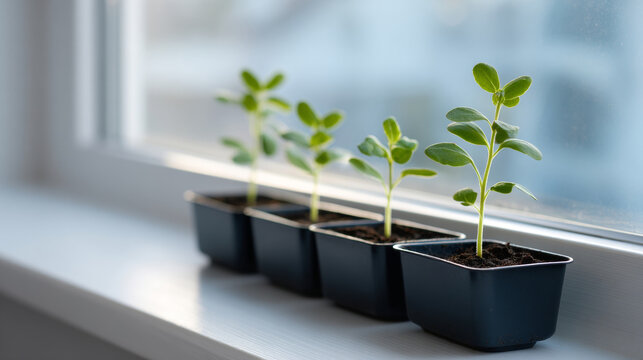 Young green seedlings growing in small black pots lined up on a windowsill with natural light and blurred background