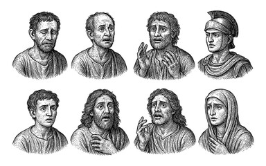 Ancient roman figures in detailed sketch style with expressive faces