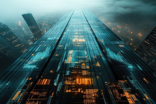 A towering, glass-clad skyscraper reflects intricate digital data streams and circuit patterns, dominating a futuristic, foggy cityscape at night.