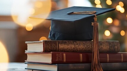 Graduation cap sits atop a stack of aged books with bokeh lights