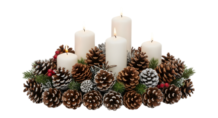 Christmas advent wreath with pine cones and candles isolated on transparent background