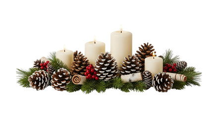 Christmas candle arrangement with pine cones and evergreen branches isolated on transparent background