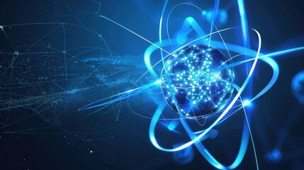 Abstract representation of an atom with glowing particles and blue light effects. The background is dark, enhancing the luminous details of the atomic structure.