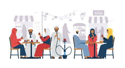 Diverse Arab Community Members Enjoying Traditional Shisha and Beverages at a Vibrant Outdoor Café for Social Gatherings