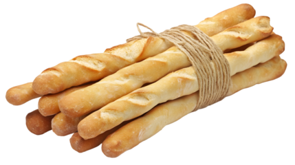 A bunch of freshly baked grissini breadsticks tied with twine isolated on transparent background