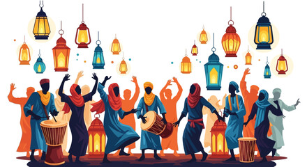 Celebratory gathering with dancers, lanterns, and musical instruments creating festive vibes for an event