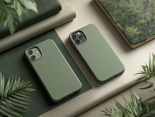 Sage green phone cases and adaptors arranged over folded textures