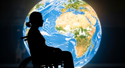Silhouette of woman in wheelchair against earth globe background in a dark studio space 100