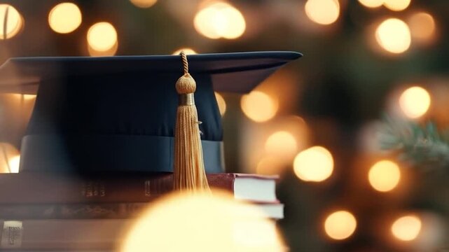 Graduation cap with gold tassel rests on books, bokeh lights background