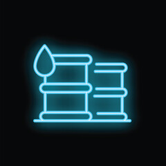Bright blue neon sign depicting oil barrels and an oil drop, set against a black background