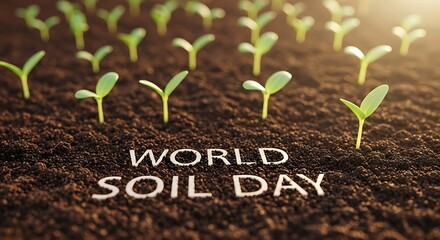 World soil day concept with seedlings growing in fertile soil and white text message shown