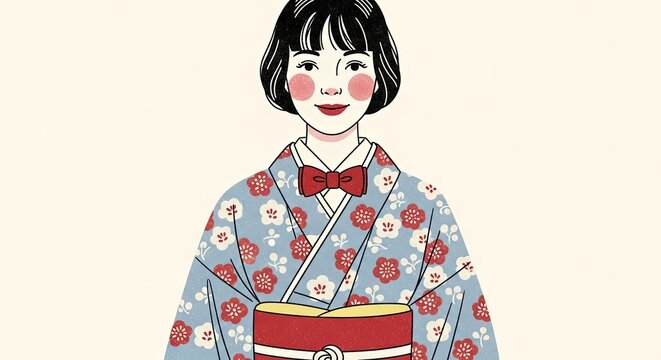 Illustration of a woman in a kimono with floral pattern. - Powered by Adobe