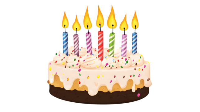 Birthday cake with candles and sprinkles isolated on transparent background for celebration