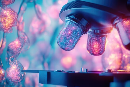 A futuristic microscope examines glowing cellular structures or data particles, merging biology, technology, and vibrant abstract science research.