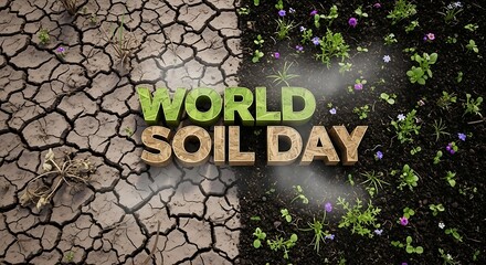 Dry cracked earth versus fertile soil with world soil day text in the center of the image design