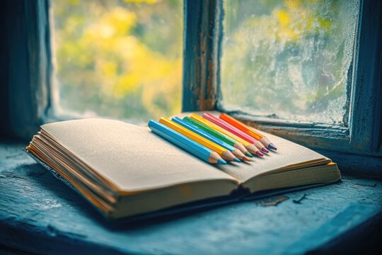 Colorful pencils neatly arranged on an open notebook, sitting on an old wooden window ledge, inviting creativity and thought.