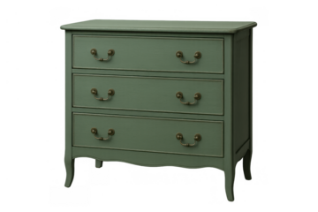 Green dresser with three drawers and vintage brass handles, offering storage and classic home furniture style