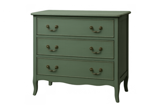Green dresser with three drawers and vintage brass handles, offering storage and classic home furniture style - Powered by Adobe