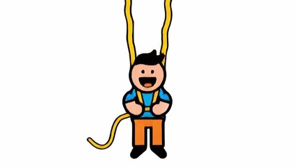 Animated character safety equipment demonstration swinging illustration of person safety harness