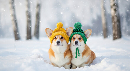 Two corgi dogs wearing yellow and green knitted hats sitting in snow. The image represents friendship, winter, and seasonal concepts, perfect for holiday themes