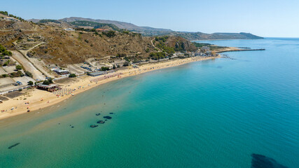 Panoramic aerial view of the beach and coast of Siculiana Marina, in the province of Agrigento, Sicily, Italy. It is a small coastal village overlooking the Mediterranean Sea.