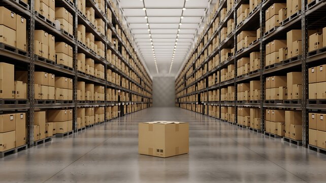 Vast warehouse interior with endless rows of stacked cardboard boxes on industrial shelving under bright lights