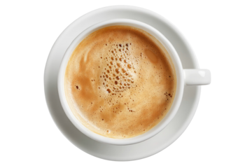 Top view of a white coffee cup filled with espresso on transparent background