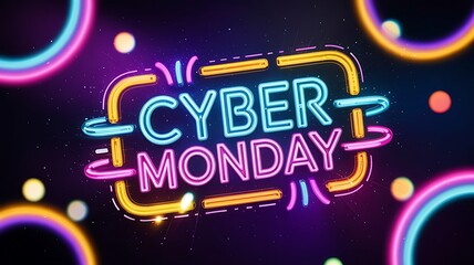 Vibrant neon sign illuminates cyber monday text with blurry colorful bokeh lights in the background