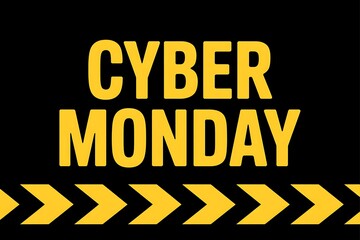 Bold yellow text cyber monday sale announcement with repeating arrow pattern on black background
