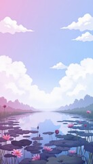 Tranquil Lotus Pond Landscape Illustration Serene Nature Scene