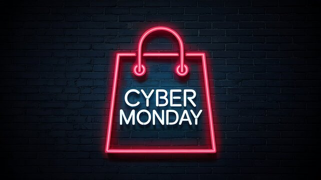 Bright red neon sign shaped like a shopping bag with cyber monday text glowing against a dark brick wall