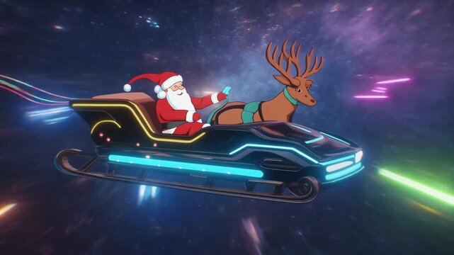 Futuristic Santa Claus Sleigh with Reindeer Flying Through Cosmic Neon Lights