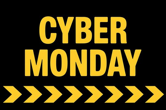 Bold yellow text announcing cyber monday sale with a repeating arrow pattern on a black background
