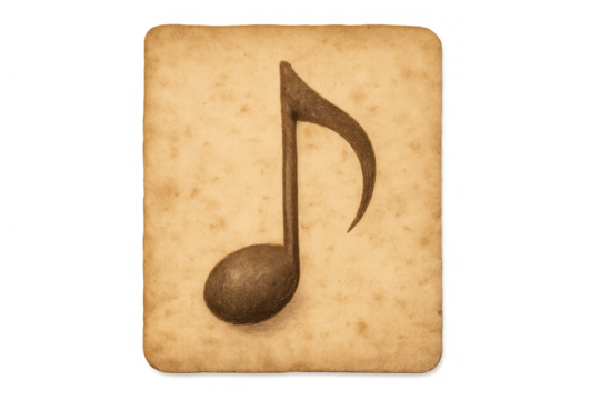 Eighth musical note in vintage sepia style on old parchment, representing sound, melody, and classic music with transparent background
